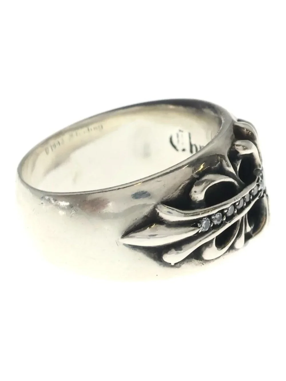 Chrome Hearts Flrl Crs P Dmnd Floral Black Sling Pave Diamond Silver Ring